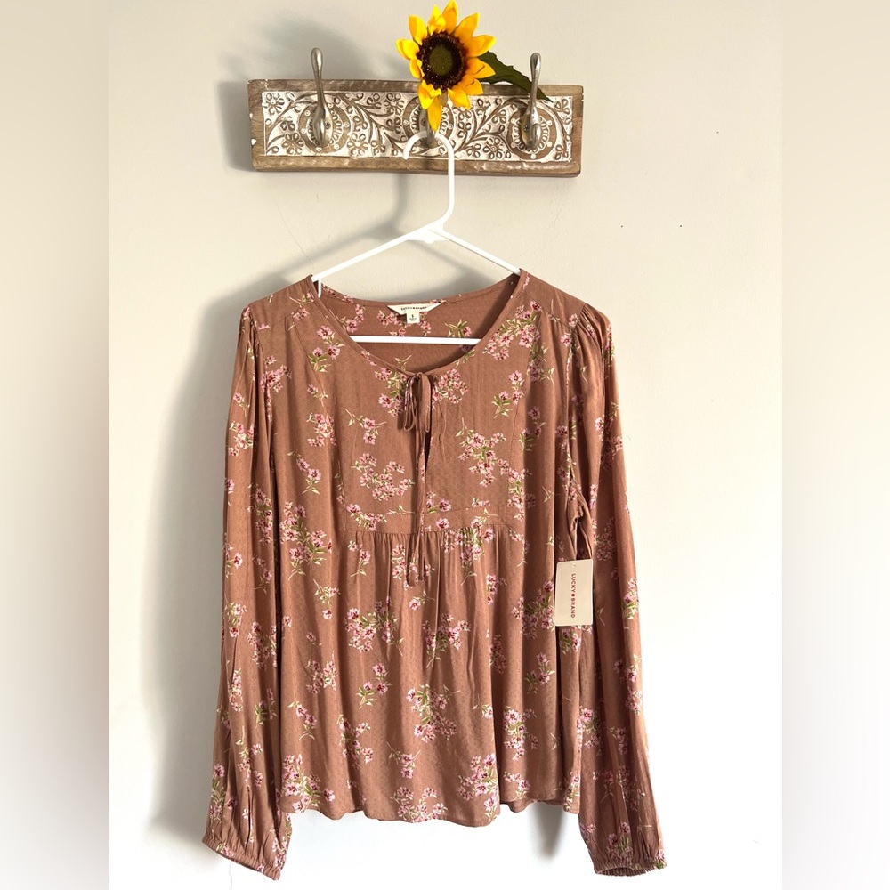 LUCKY BRAND Taupe Floral Peasant Top-Boho Blouse- Size Small NWT - Picture 2 of 10